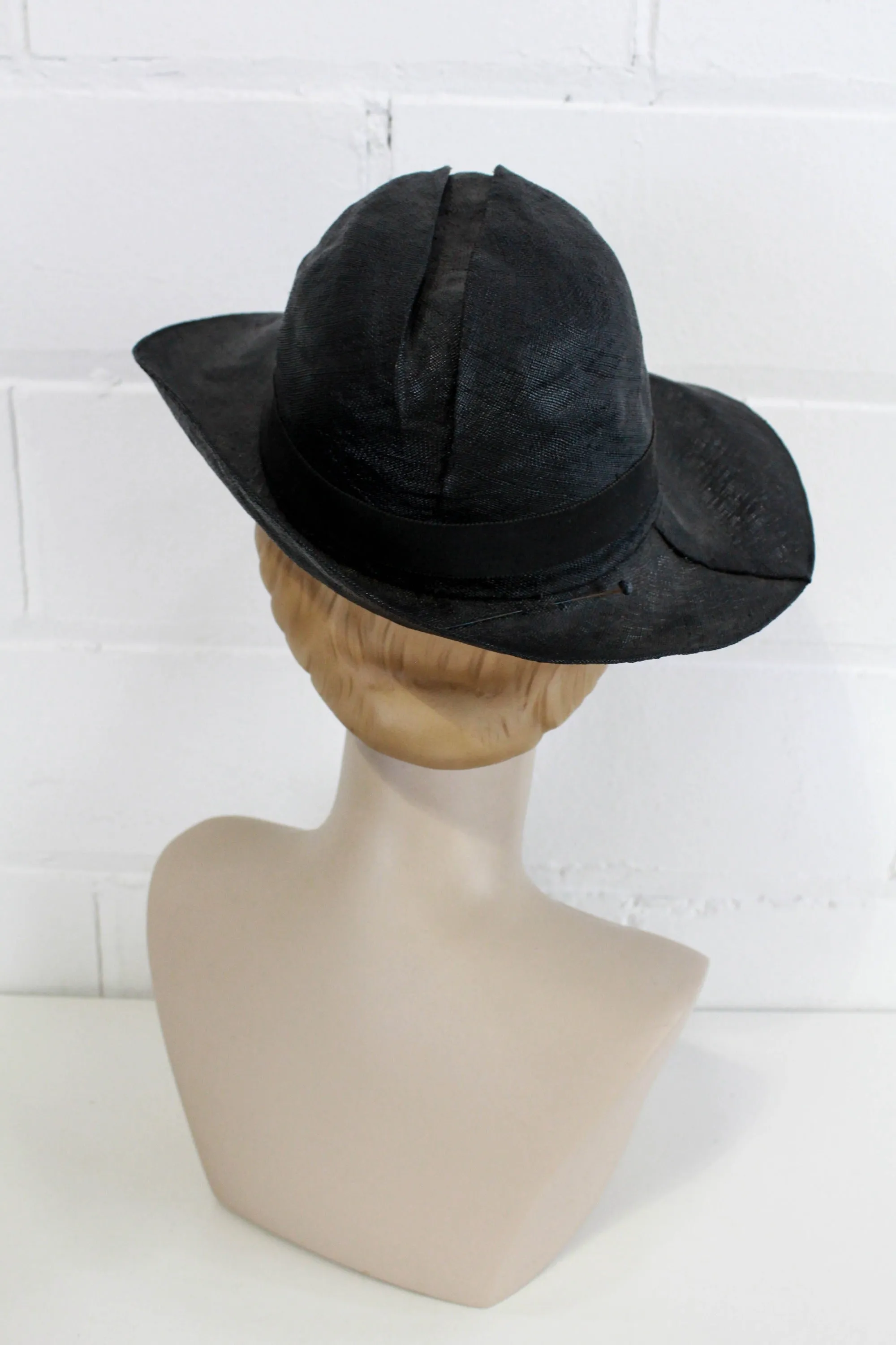 1930s Black Straw Hat, Asymmetrical Brim, Ribbon Trim