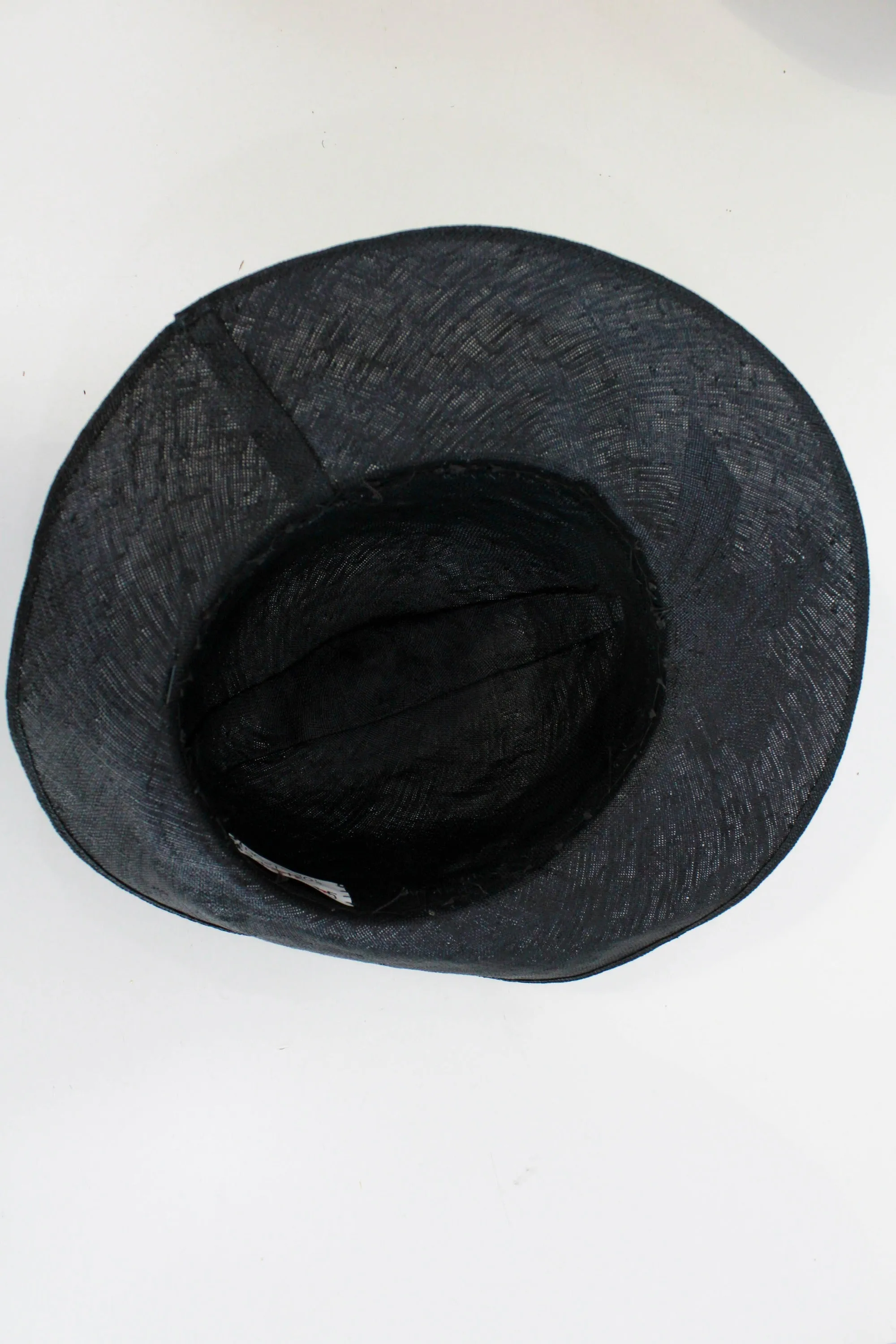 1930s Black Straw Hat, Asymmetrical Brim, Ribbon Trim