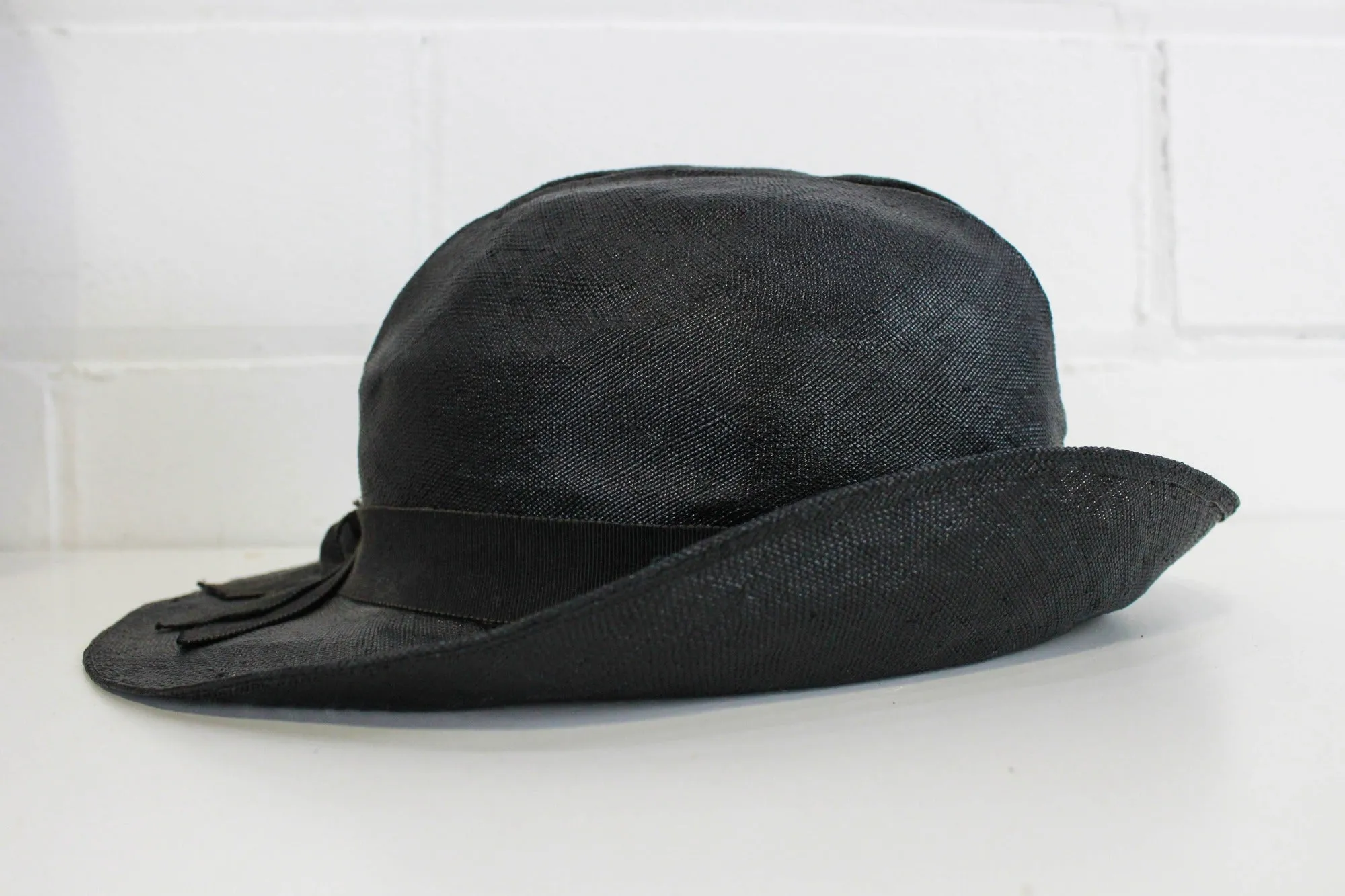 1930s Black Straw Hat, Asymmetrical Brim, Ribbon Trim