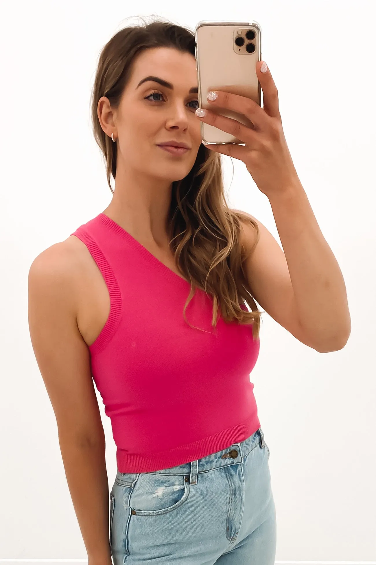 A 90s One Shoulder Tank Super Pink