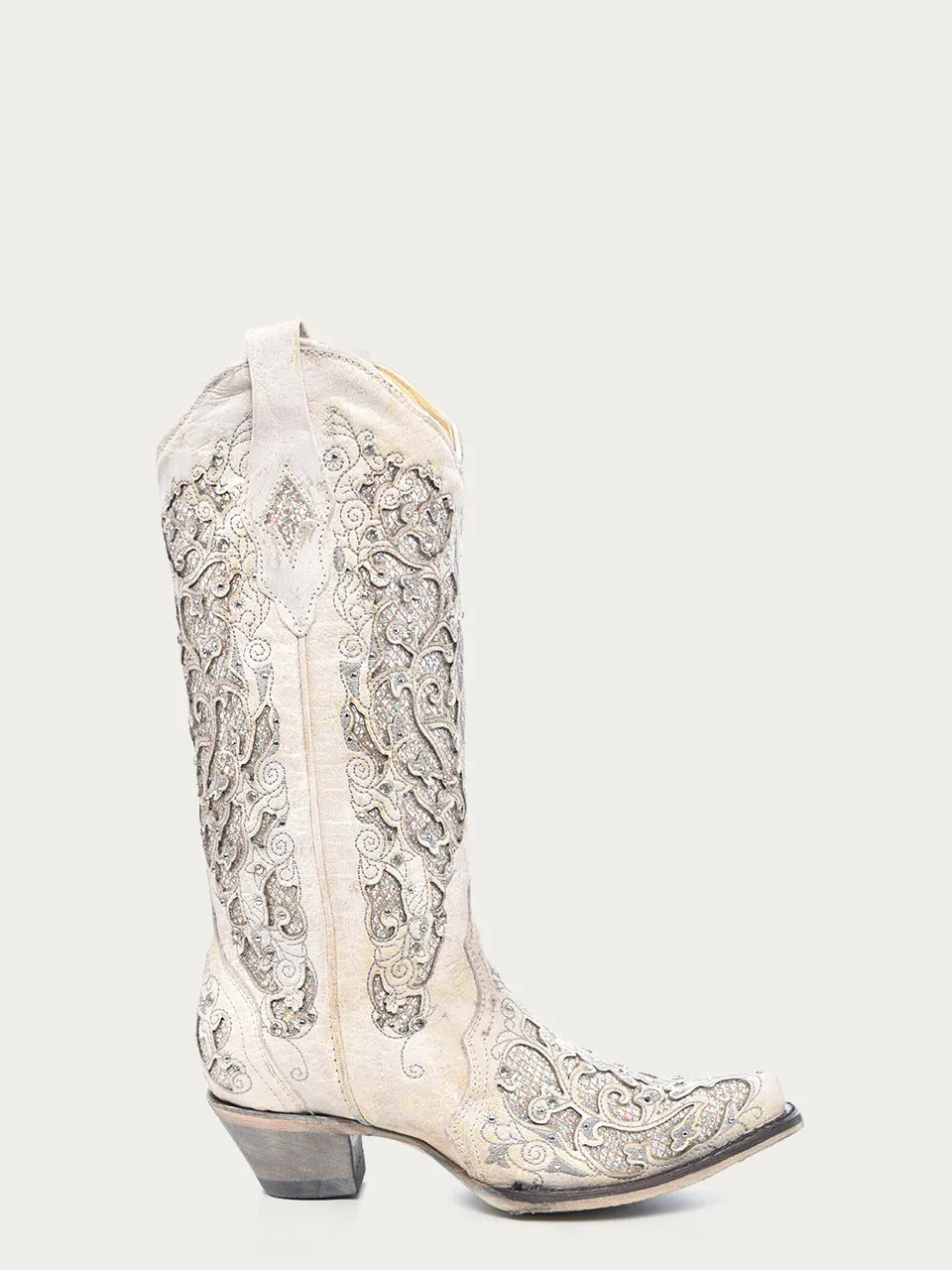 A3322 - WOMEN'S WHITE GLITTERED INLAY AND CRYSTALS SNIP TOE WEDDING COWBOY BOOT