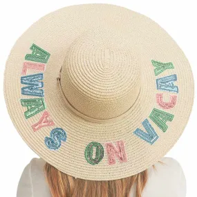 Always On Vacay Sequin Message Straw Panama Sun Hat