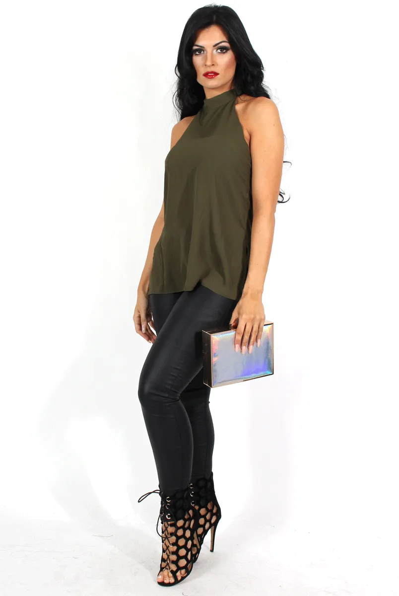 Annie Khaki Halterneck Low Back Top