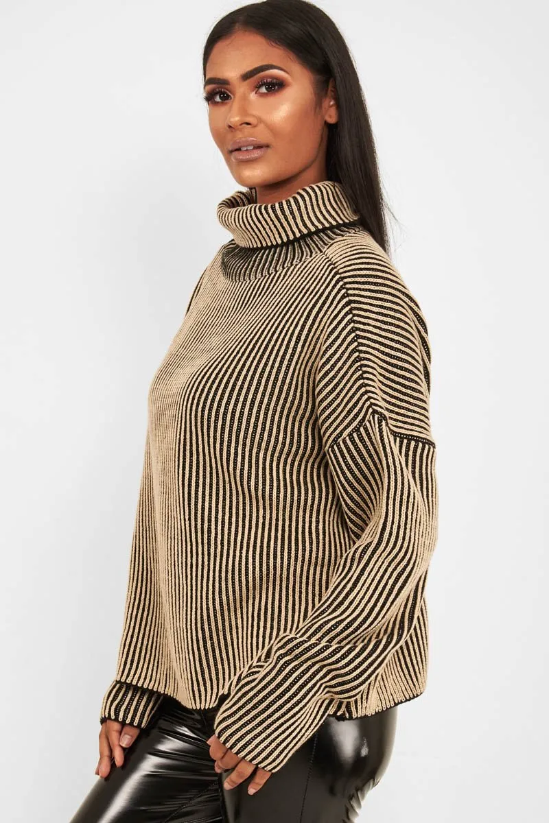 Beige Ottoman Rib Roll Neck Jumper - Renee