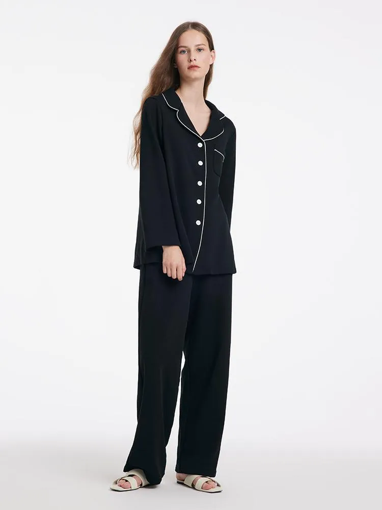 Black Long Sleeves And Pants Lapel Pajamas Two-Piece Set