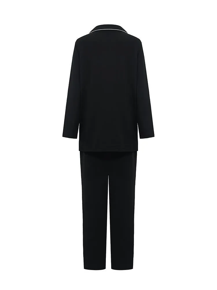 Black Long Sleeves And Pants Lapel Pajamas Two-Piece Set