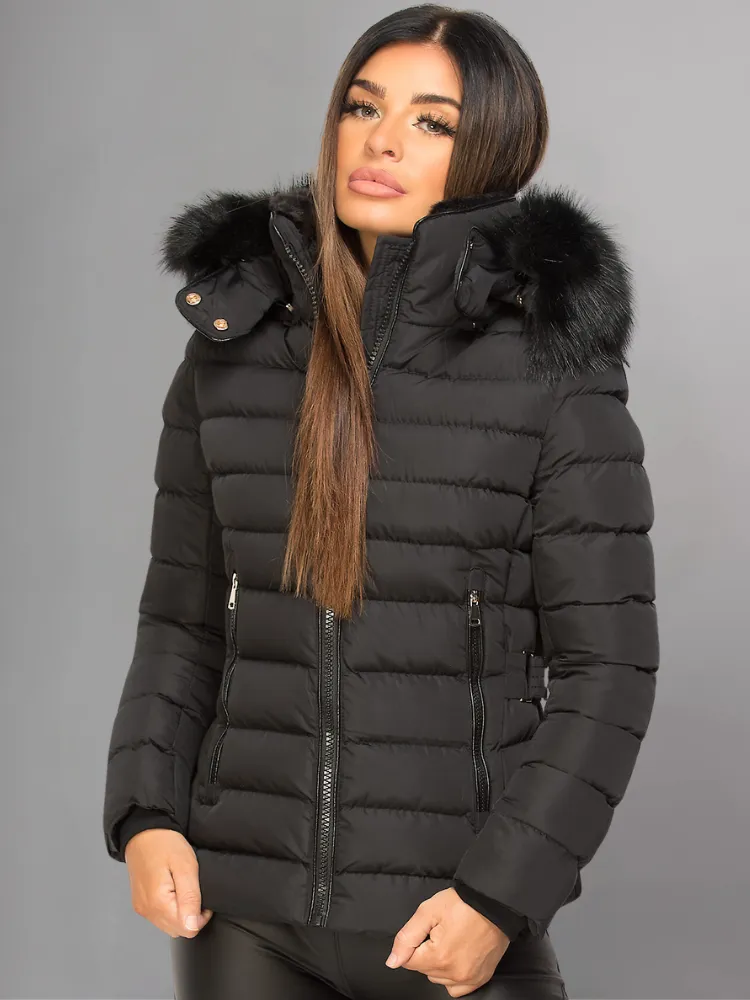 Black Puffer Jacket With Faux fur Hood