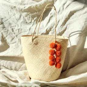 Borneo Serena Straw Tote Bag With Pumpkin Orange Pom-Poms