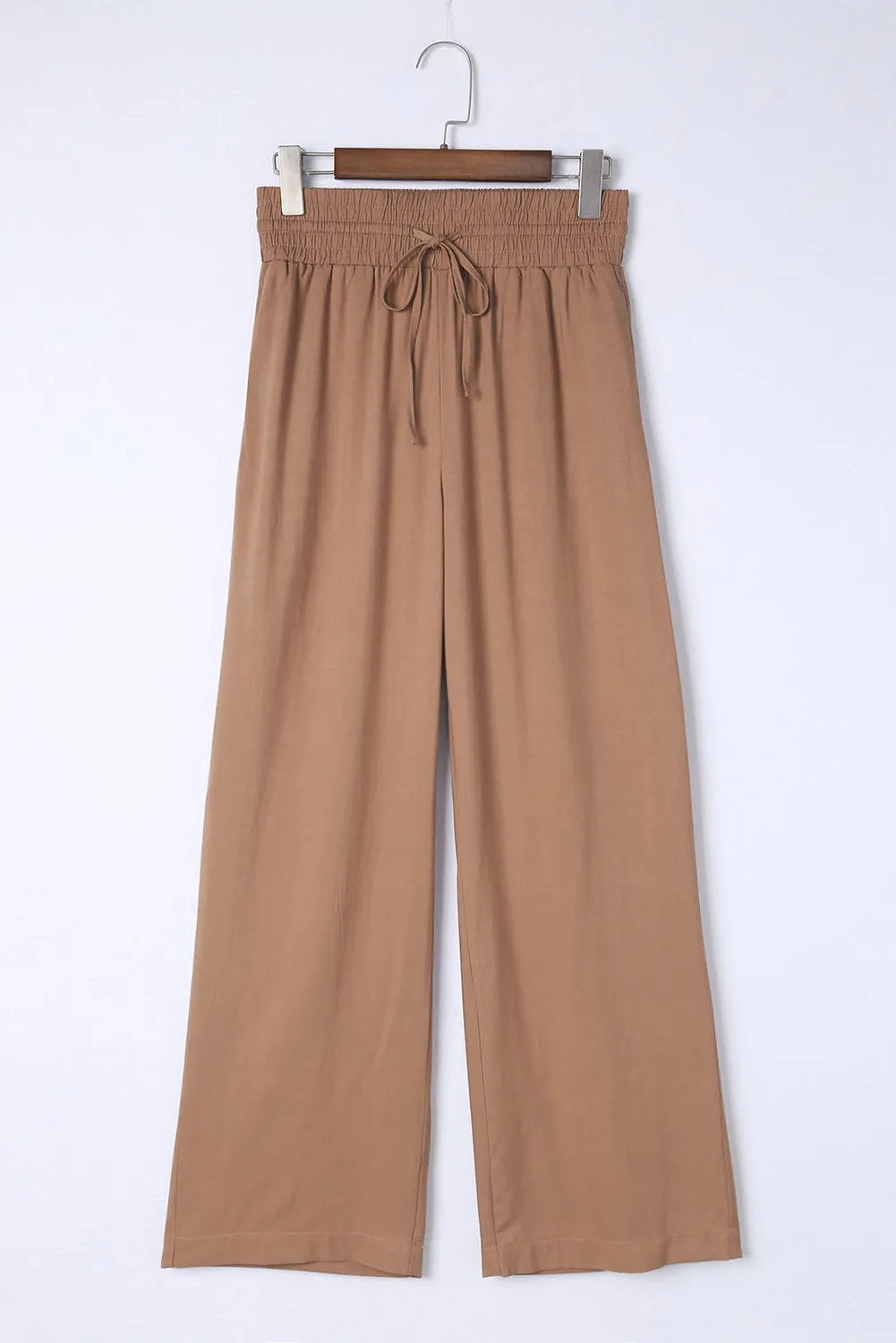 Brown Drawstring Elastic Waist Casual Wide Leg Pants