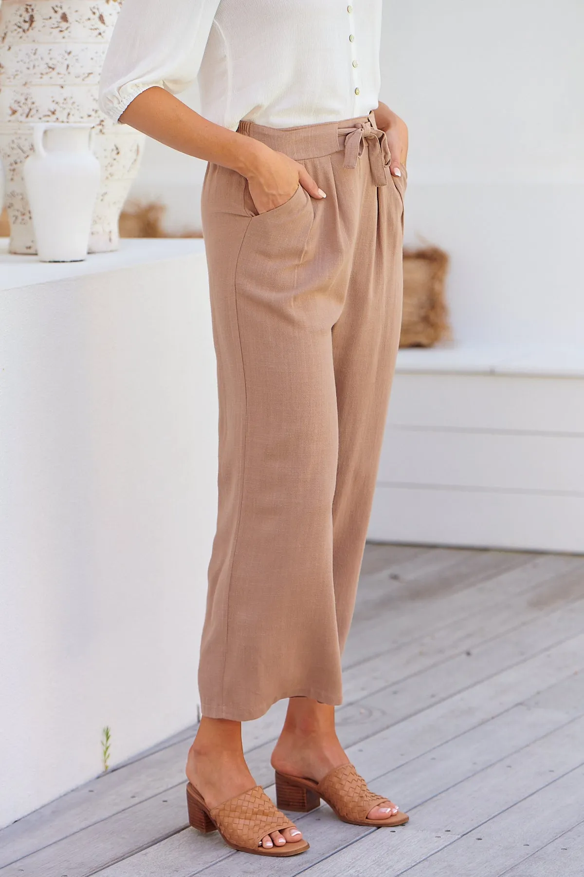 Denver Tie Waist Caramel Linen Pants