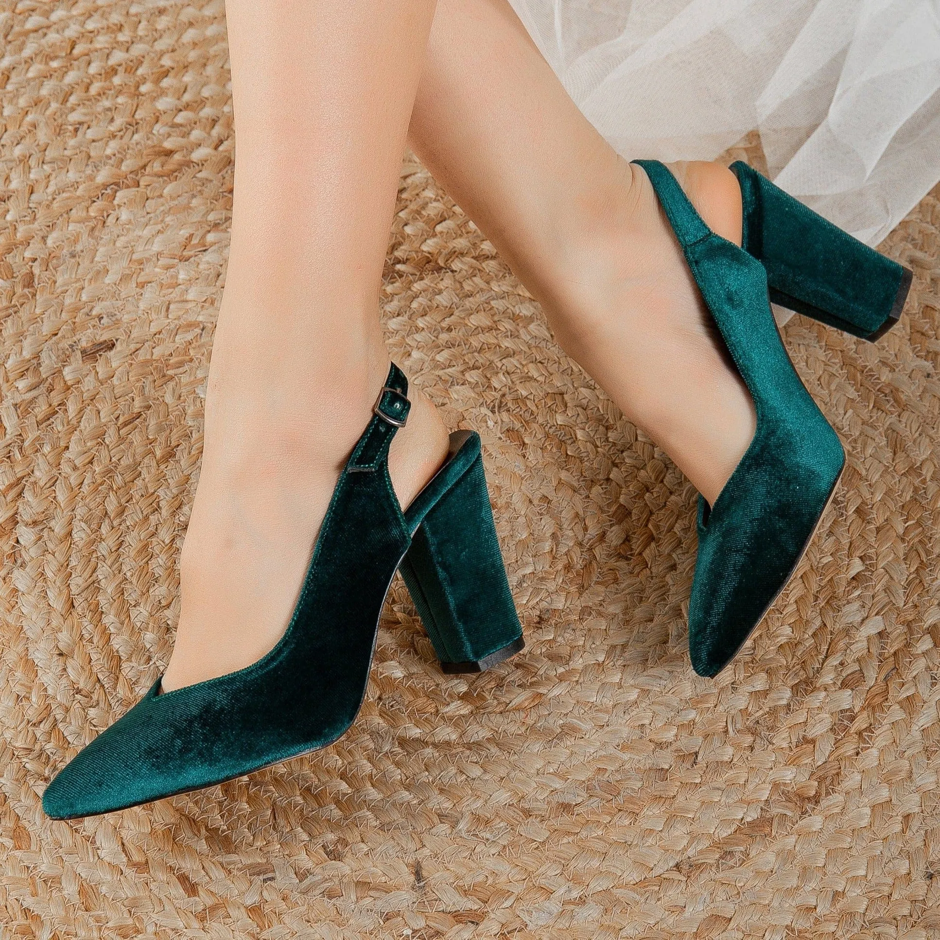 Emma Vegan Velvet Slingback High Heels | Green