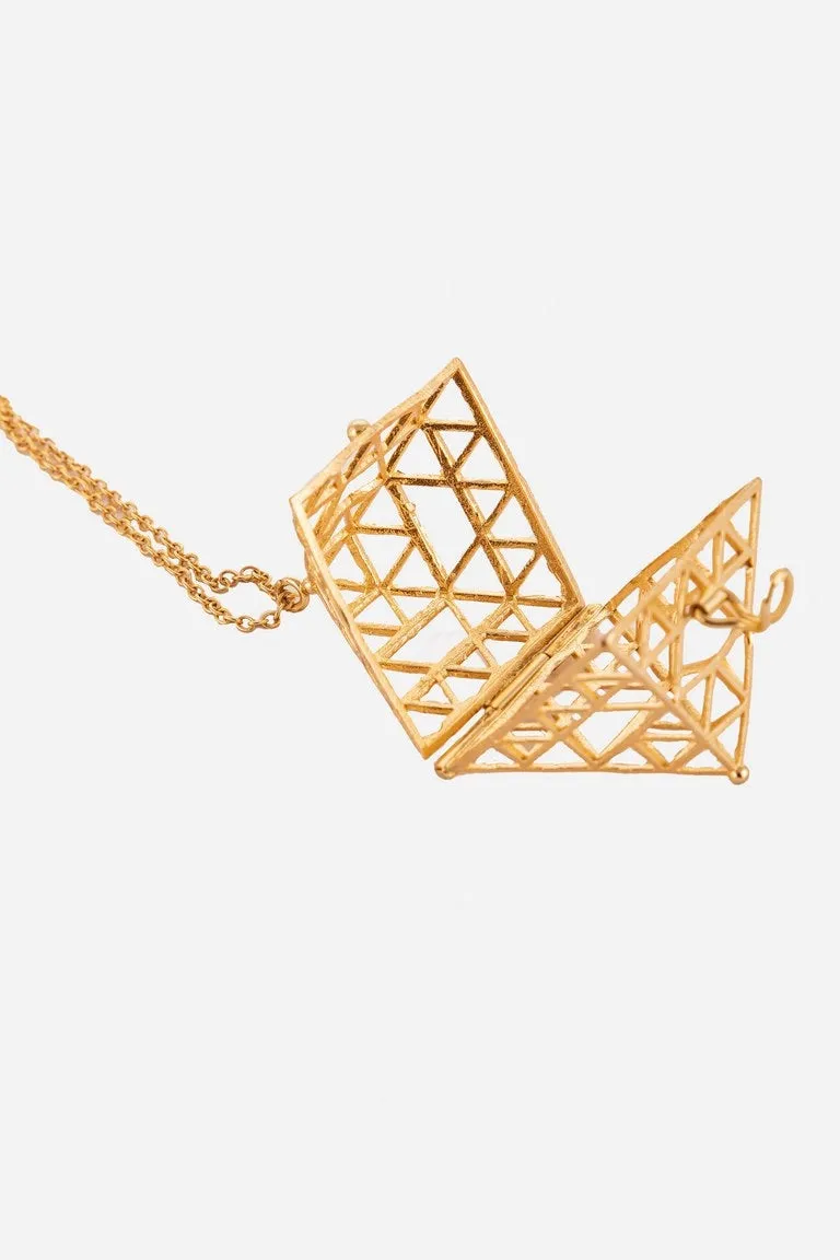 Golden Pyramid Pendant Necklace With Long Chain