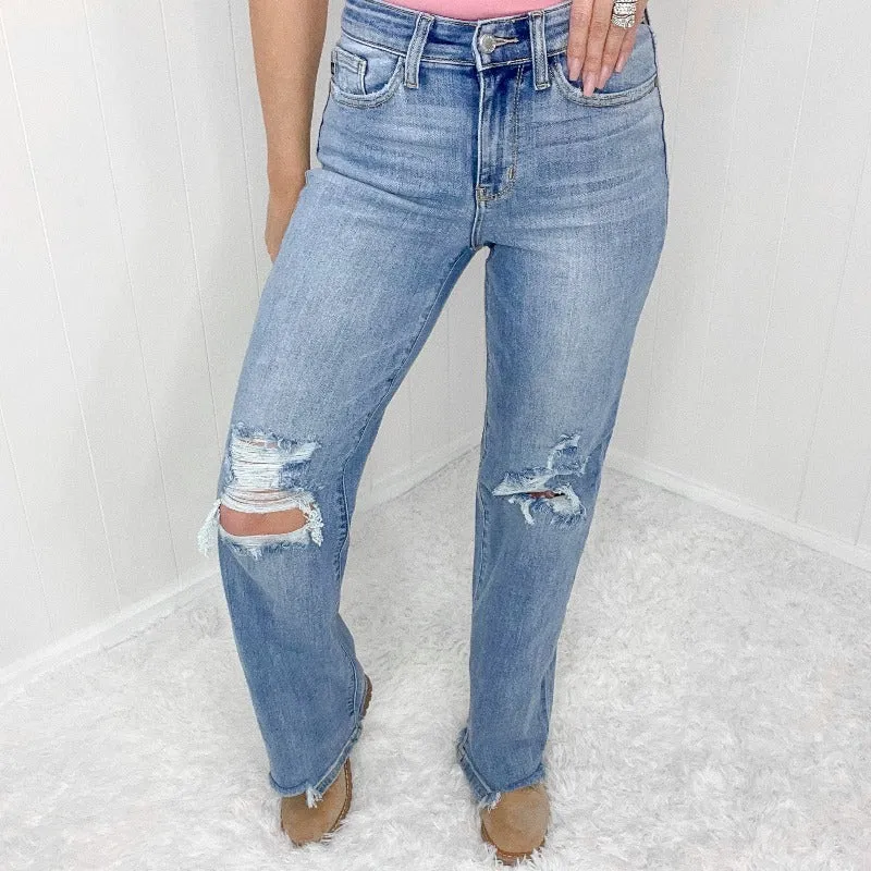 Judy Blue Aiysha High Waist Destroyed Knee 90's Straight Leg Jeans