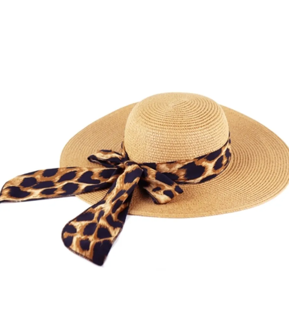 LEOPARD PRINT BOW SUMMER STRAW FLOPPY HAT BROWN