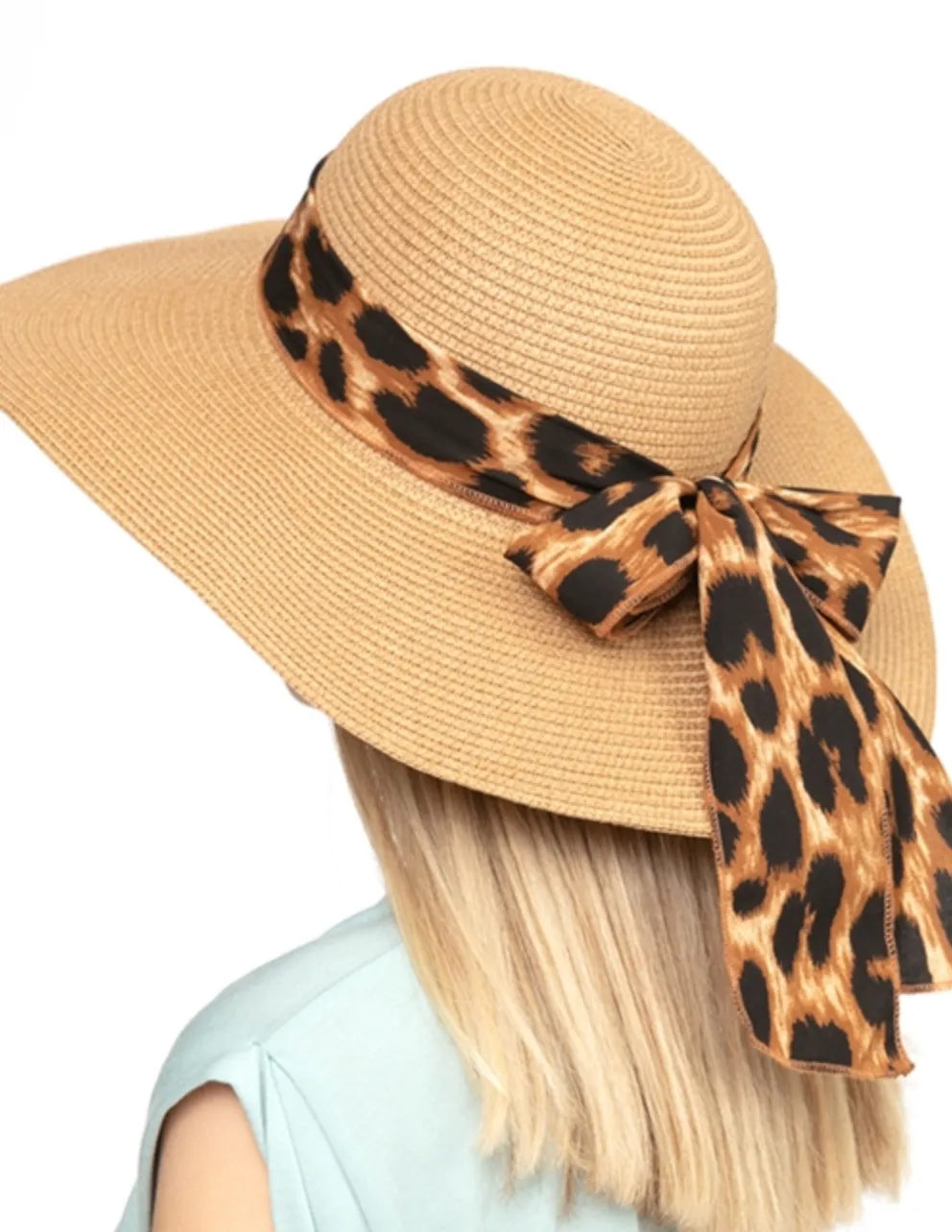 LEOPARD PRINT BOW SUMMER STRAW FLOPPY HAT BROWN