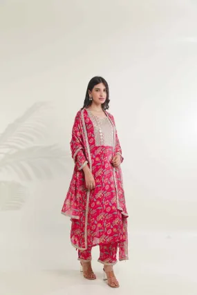 Magenta pink floral digital print viscose chinon kurta set