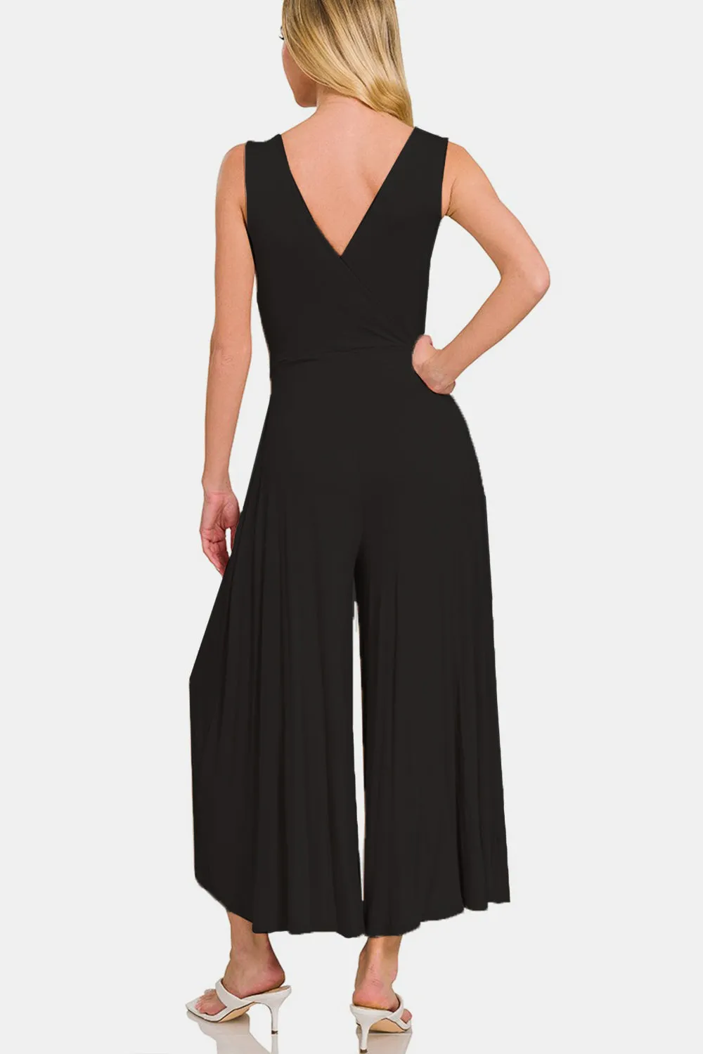 Minimalist Black Jumpsuit Zenana Surplice Neckline Sleeveless Jumpsuit