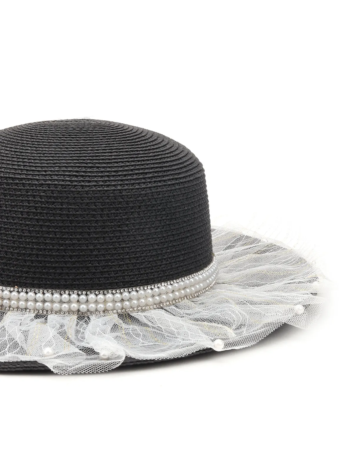 Odette Black and White Pearl Embellished Netted Straw Bowler Hat for Women