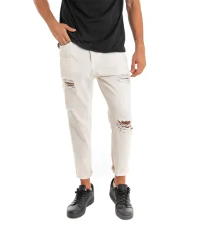 Pantaloni Jeans Uomo Loose Fit Panna Con Rotture Cinque Tasche Casual GIOSAL-P3280A