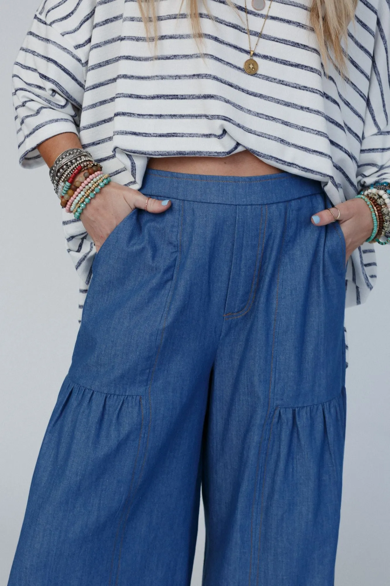 Slightly Sassy Denim Palazzo Pants - Denim