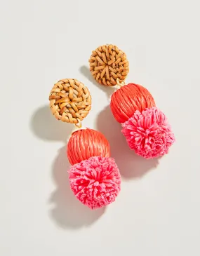 Straw Pom Earrings - Red