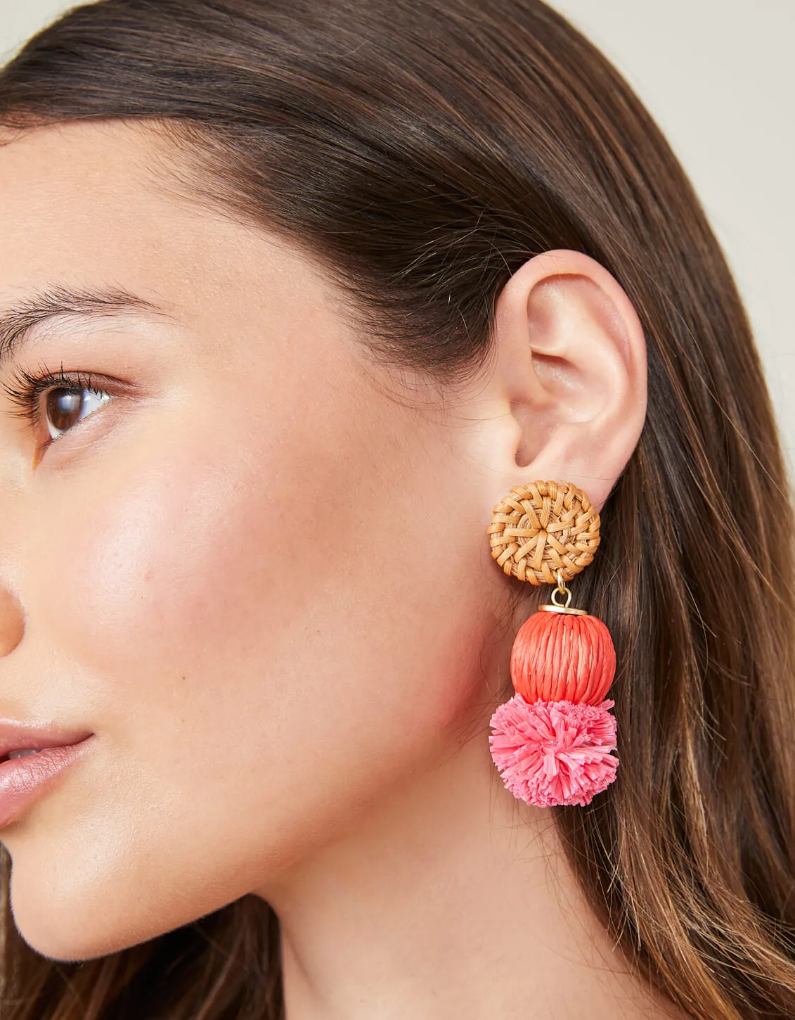 Straw Pom Earrings - Red