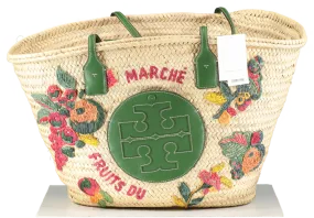 Tory Burch Ella Embroidered Straw Logo Basket Tote Bag