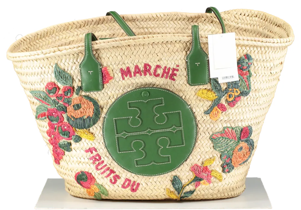 Tory Burch Ella Embroidered Straw Logo Basket Tote Bag