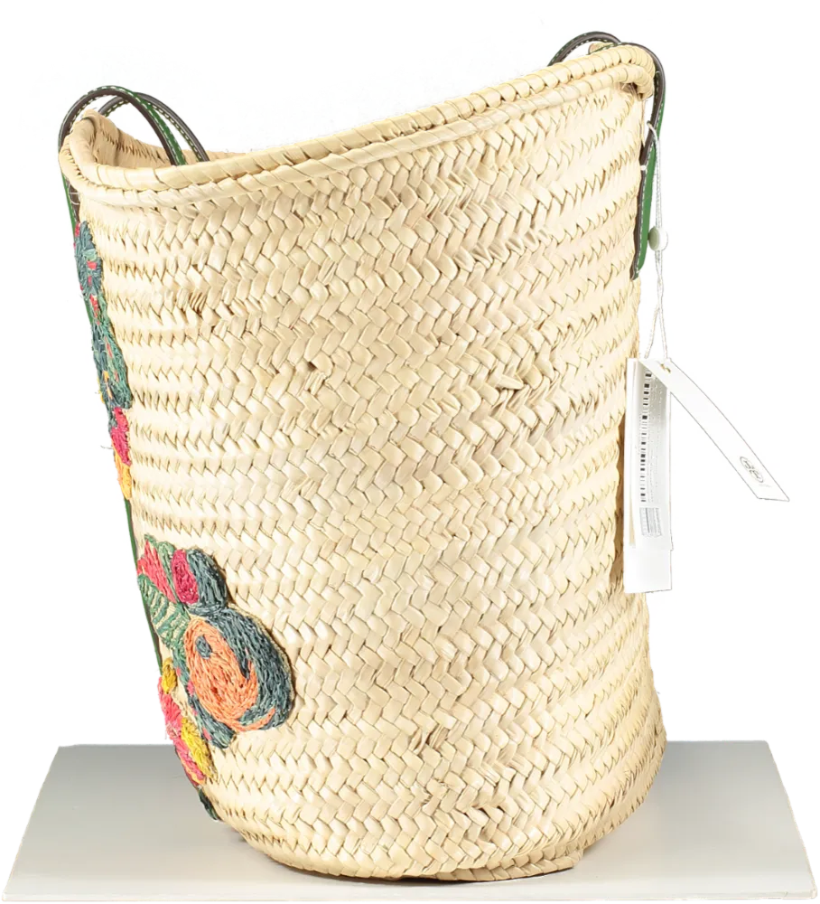 Tory Burch Ella Embroidered Straw Logo Basket Tote Bag