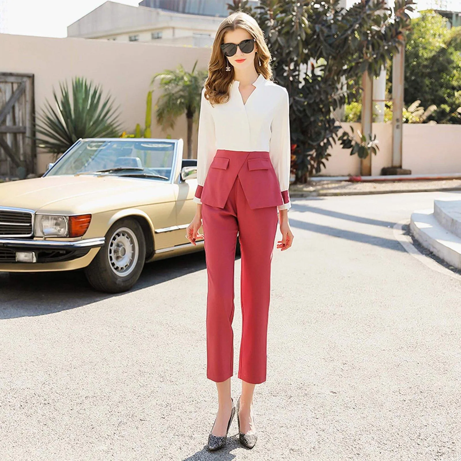 Two Tone Collarless Pullover Top & Pants