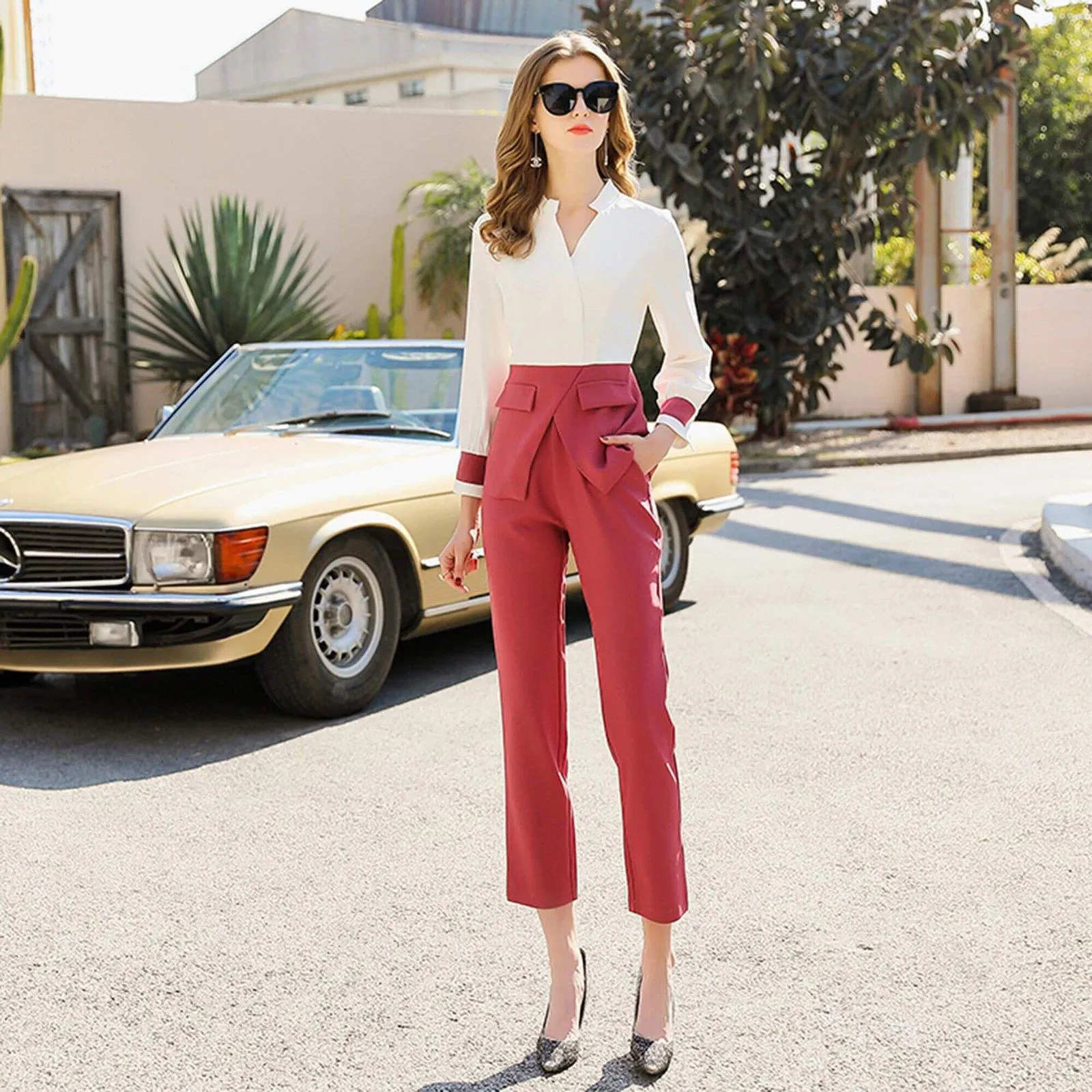 Two Tone Collarless Pullover Top & Pants