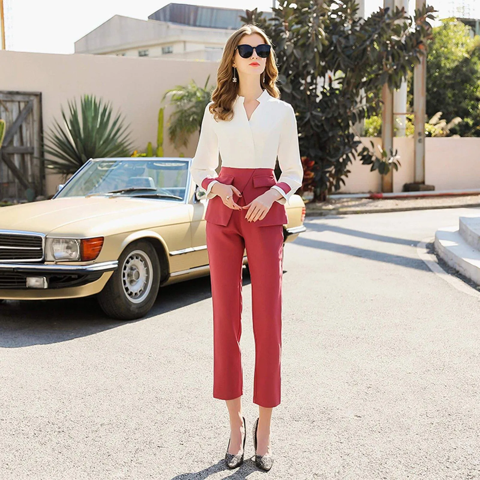 Two Tone Collarless Pullover Top & Pants