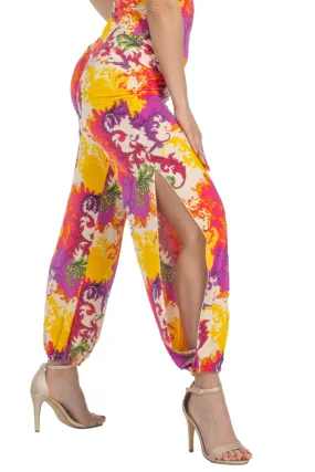 Vibrant Print Gathered Tango Pants With Slits