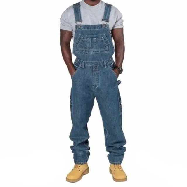 WEPBEL Men's Denim Bib Pants Full Length Jeans Jumpsuits Hip Hop Straight Jeans Overalls for Men Streetwear