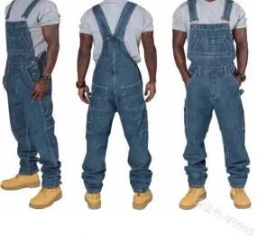 WEPBEL Men's Denim Bib Pants Full Length Jeans Jumpsuits Hip Hop Straight Jeans Overalls for Men Streetwear