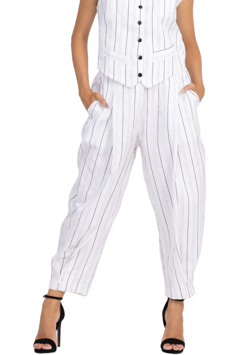 White Striped Tappered Women's Tailored Trousers