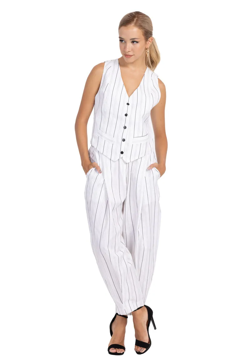 White Striped Tappered Women's Tailored Trousers